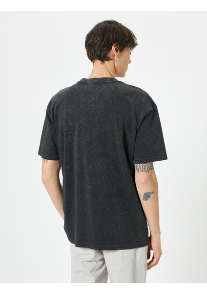 Yıkamalı Tişört Slogan Işlemeli Bisiklet Yaka Kısa Kollu Pamuklu fırsatları