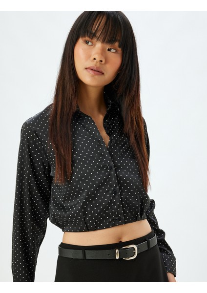Crop Gömlek Uzun Kollu Puantiyeli Düğmeli Klasik Yaka Slim Fit Beli Lastikli