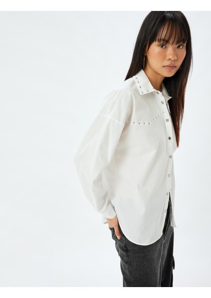 Poplin Gömlek Uzun Kollu Metal Aksesuar Detaylı Klasik Yaka Pamuklu