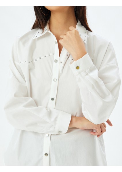 Poplin Gömlek Uzun Kollu Metal Aksesuar Detaylı Klasik Yaka Pamuklu indirimleri