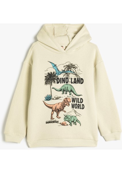 Oversize Kapşonlu Sweatshirt Dinozor Baskılı Uzun Kollu