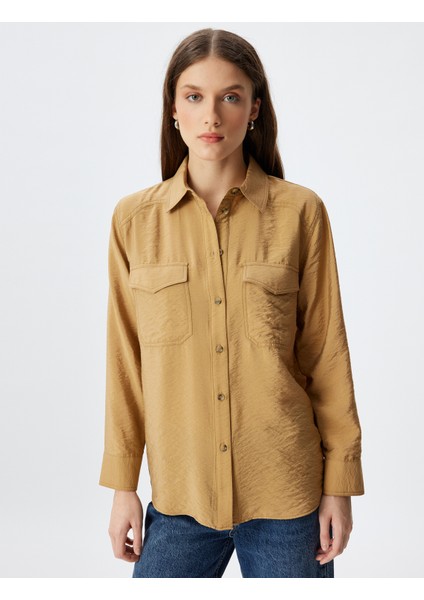 Viskon Oversize Gömlek Kapaklı Cep Detaylı Dokulu Uzun Kollu modelleri