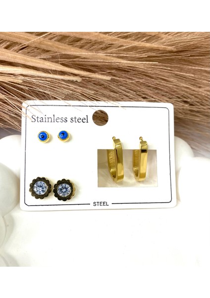 Altın / Gold Renk Oval Dikdörtgen - Pimli Çoklu Çelik Küpe Seti