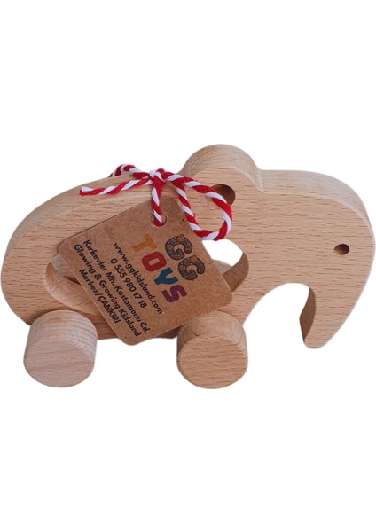 Gg Toys - Montessori Doğal Ahşap Tekerlekli Oyuncak - Fil