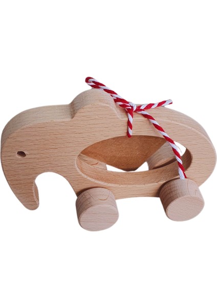 Gg Toys - Montessori Doğal Ahşap Tekerlekli Oyuncak - Fil