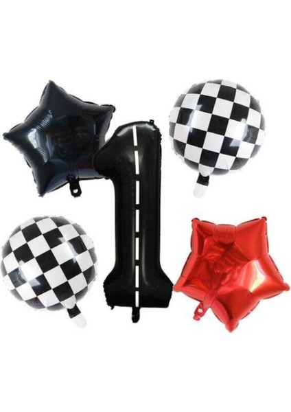 Yarış Temalı 1 Yaş Rakamlı Balon Set (2 Adt Yıldız-2 Adt Top-1 Adt Rakam) Erkek Çocuk Formula Seti