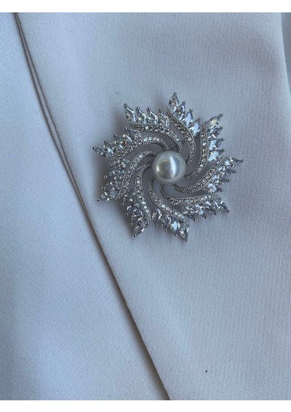 Vip Zirkon Taş Broş Incili %100 Pırlanta Işçiliği