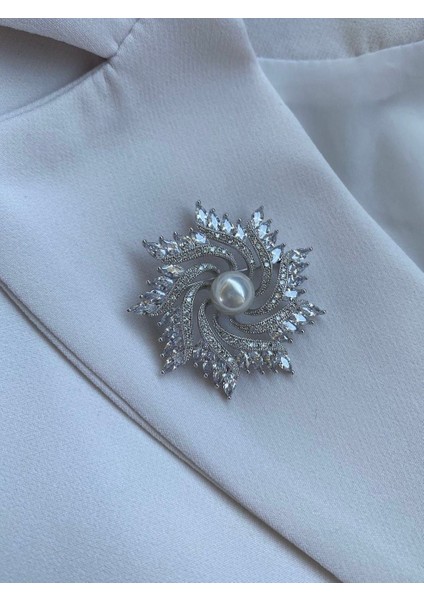 Vip Zirkon Taş Broş Incili %100 Pırlanta Işçiliği