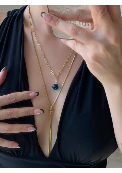 Çelik Altın Kaplama Uzun 2'li Kolye