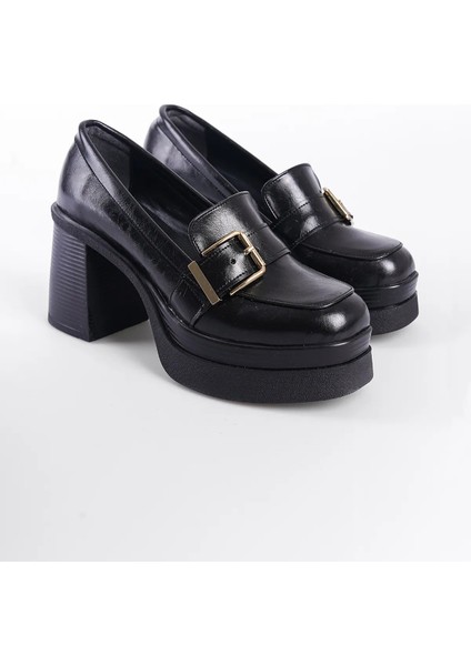 (London) Yüksek Tabanlı Topuklu Tokalı Loafer Kadın Ayakkabı Siyah