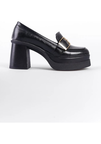 (London) Yüksek Tabanlı Topuklu Tokalı Loafer Kadın Ayakkabı Siyah modelleri
