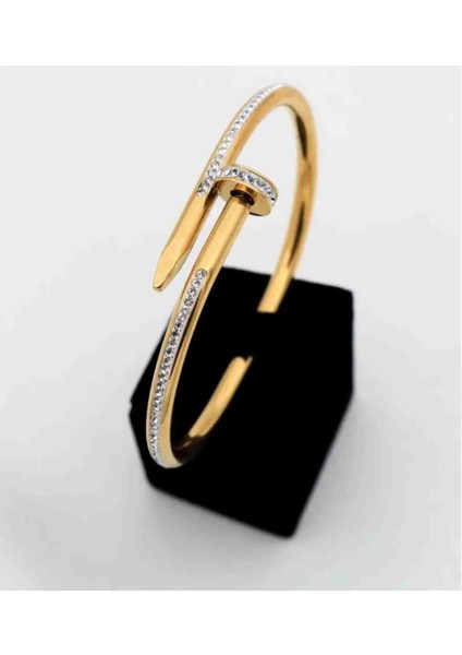 Çivi Model Çelik Gold Taşlı Bileklik