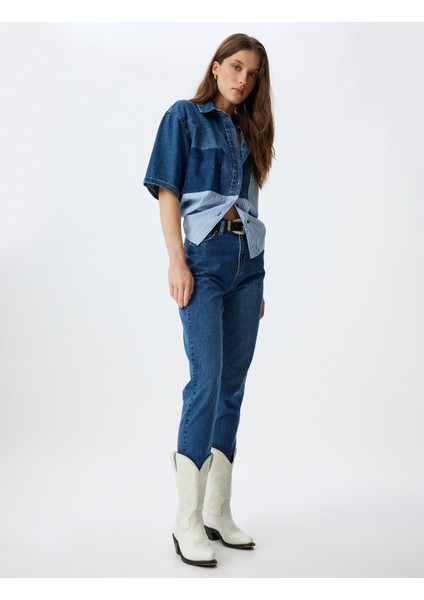 Yüksek Bel Kot Pantolon Düz Paça Düğmeli Cepli Pamuklu - Slim Straight Fit Jeans fiyatları