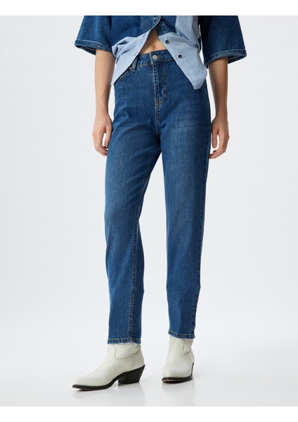 Yüksek Bel Kot Pantolon Düz Paça Düğmeli Cepli Pamuklu - Slim Straight Fit Jeans modelleri