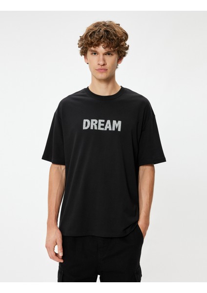 Oversize Tişört Slogan Baskılı Bisiklet Yaka Kısa Kollu Pamuklu modelleri