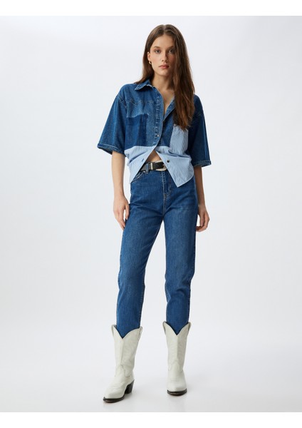 Yüksek Bel Kot Pantolon Düz Paça Düğmeli Cepli Pamuklu - Slim Straight Fit Jeans