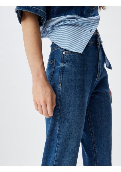 Yüksek Bel Kot Pantolon Düz Paça Düğmeli Cepli Pamuklu - Slim Straight Fit Jeans indirimleri