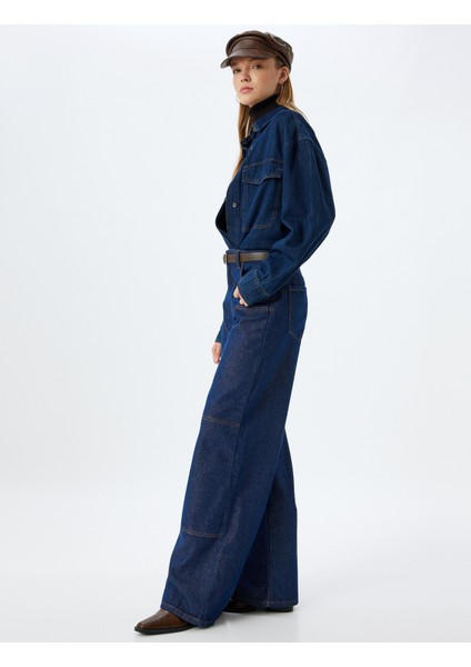 Geniş Paça Kot Pantolon Dikiş Detaylı Cepli Düğmeli Normal Bel - Wide Leg Jeans