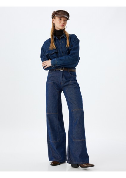 Geniş Paça Kot Pantolon Dikiş Detaylı Cepli Düğmeli Normal Bel - Wide Leg Jeans fiyatları