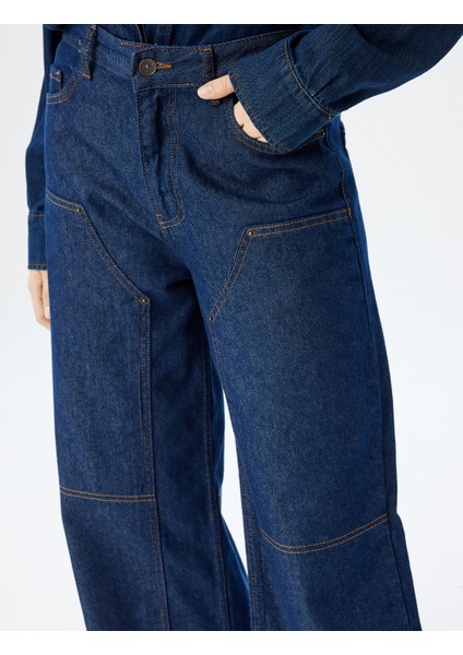 Geniş Paça Kot Pantolon Dikiş Detaylı Cepli Düğmeli Normal Bel - Wide Leg Jeans indirimleri