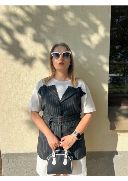 Ceket Görünümlü Siyah Tshirt Elbise