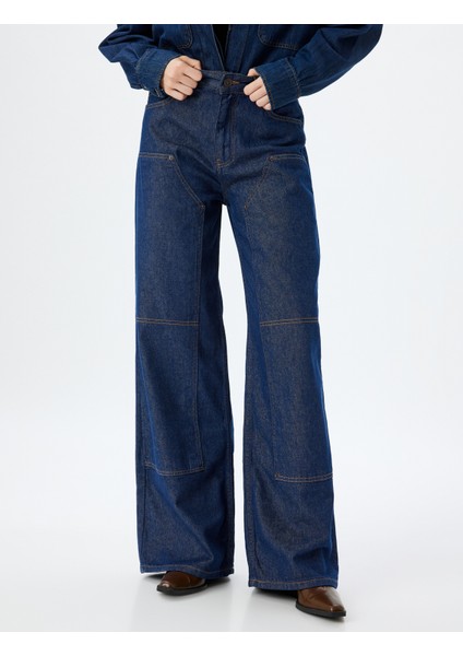 Geniş Paça Kot Pantolon Dikiş Detaylı Cepli Düğmeli Normal Bel - Wide Leg Jeans modelleri