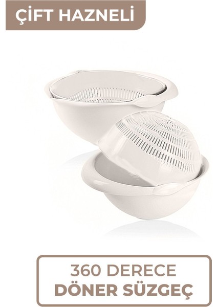 360 Derece Dönebilir Makarna Süzgeci Çok Amaçlı Çift Hazneli Süzgeç Sebze Meyve Yıkama Döner Süzgeç