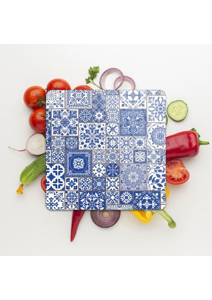 Cam Kesme Tahtası Kare Mavi Çini Kare Desenli
