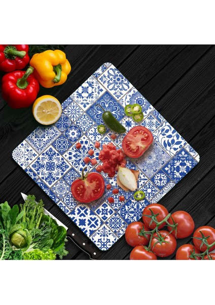 Cam Kesme Tahtası Kare Mavi Çini Kare Desenli fiyatları