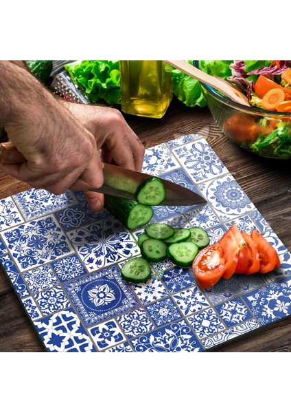 Cam Kesme Tahtası Kare Mavi Çini Kare Desenli modelleri