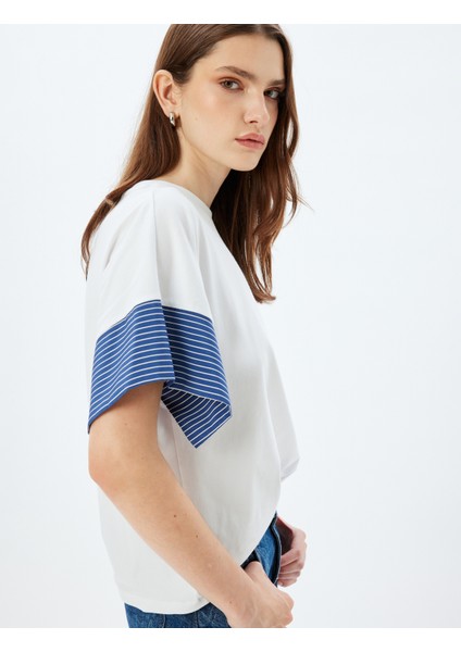 Çizgili Tişört Renk Kontrastlı Kısa Kollu Bisiklet Yaka Pamuklu