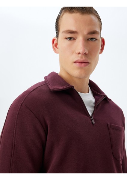 Polo Yaka Sweatshirt Uzun Kollu Cep Detaylı Pamuk Karışımlı