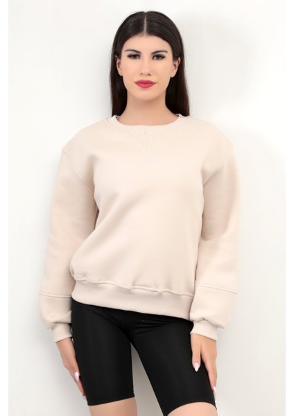 Bej Kadın Basic Sweatshirt Yakası V Rabina Detaylı Üç İplik Pamuk Karışımlı - 2574