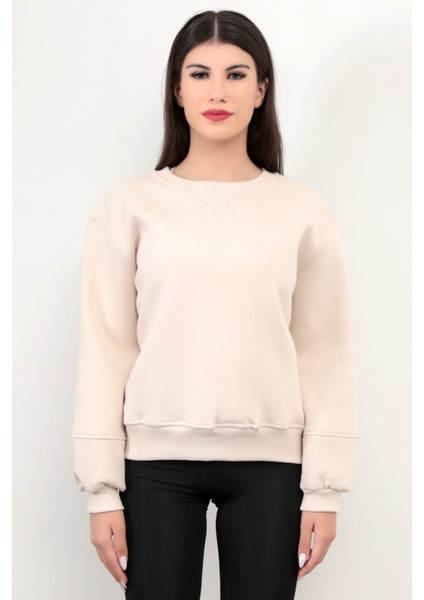 Bej Kadın Basic Sweatshirt Yakası V Rabina Detaylı Üç İplik Pamuk Karışımlı - 2574 fiyatları
