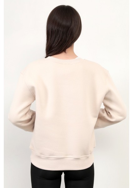 Bej Kadın Basic Sweatshirt Yakası V Rabina Detaylı Üç İplik Pamuk Karışımlı - 2574 modelleri