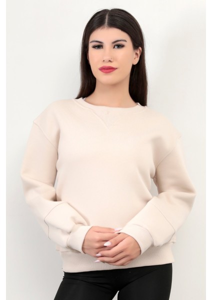Bej Kadın Basic Sweatshirt Yakası V Rabina Detaylı Üç İplik Pamuk Karışımlı - 2574 fırsatları