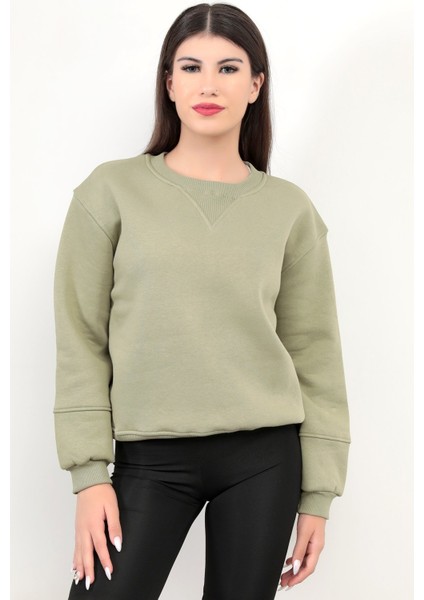 Zeytin Yeşili Kadın Basic Sweatshirt Yakası V Rabina Detaylı Üç İplik Pamuk Karışımlı - 2574