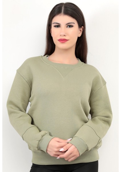 Zeytin Yeşili Kadın Basic Sweatshirt Yakası V Rabina Detaylı Üç İplik Pamuk Karışımlı - 2574