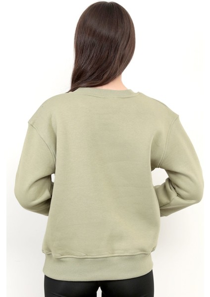 Zeytin Yeşili Kadın Basic Sweatshirt Yakası V Rabina Detaylı Üç İplik Pamuk Karışımlı - 2574