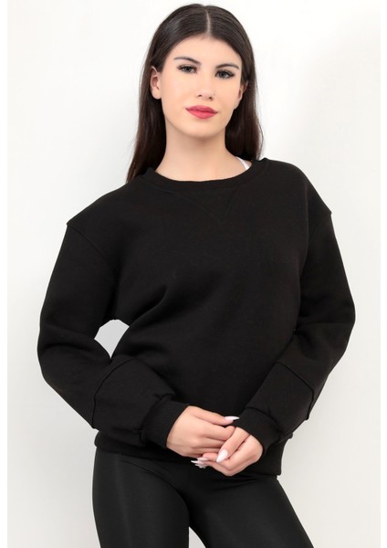 Siyah Kadın Basic Sweatshirt Yakası V Rabina Detaylı Üç İplik Pamuk Karışımlı - 2574