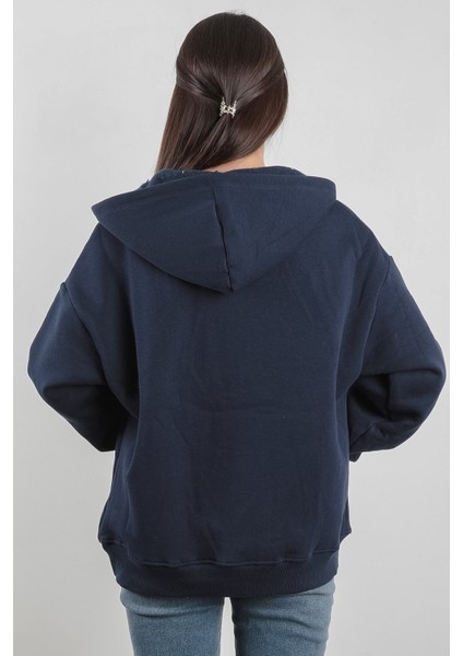 Oversize Kadın Kapüşonlu Sweatshirt Yarım Çıtçıt Kapama Kanguru Cep Lacivert Hoodie - 2591