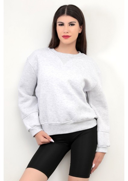 Kar Melanj Kadın Basic Sweatshirt Yakası V Rabina Detaylı Üç İplik Pamuk Karışımlı - 2574