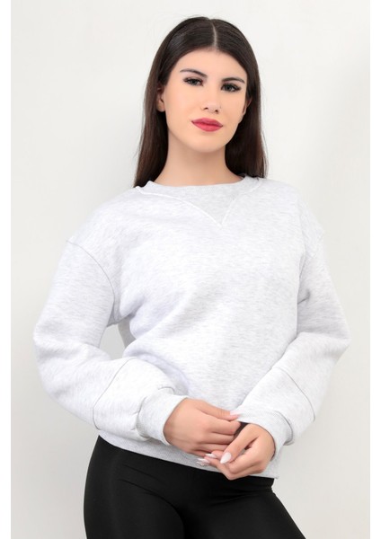 Kar Melanj Kadın Basic Sweatshirt Yakası V Rabina Detaylı Üç İplik Pamuk Karışımlı - 2574