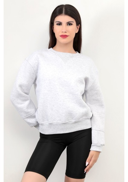 Kar Melanj Kadın Basic Sweatshirt Yakası V Rabina Detaylı Üç İplik Pamuk Karışımlı - 2574