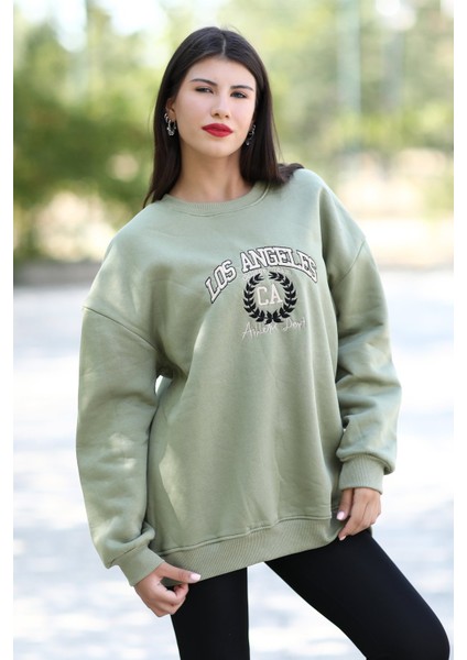 Kadın Los Angeles Nakışlı Oversize Pamuklu Sweat - 9002 fırsatları
