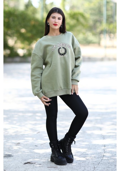 Kadın Los Angeles Nakışlı Oversize Pamuklu Sweat - 9002 indirimleri
