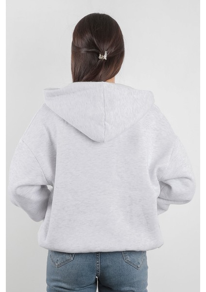 Oversize Kadın Kapüşonlu Sweatshirt Yarım Çıtçıt Kapama Kanguru Cep Kar Melanj Hoodie - 2591