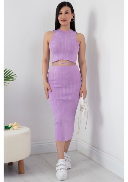 Halter Yaka Crop ve Etek Triko Ikili Takım 2737 modelleri