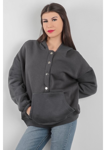 Oversize Kadın Kapüşonlu Sweatshirt Yarım Çıtçıt Kapama Kanguru Cep Füme Hoodie - 2591