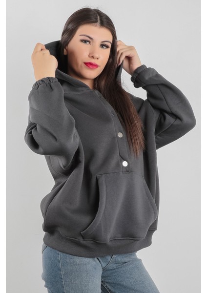 Oversize Kadın Kapüşonlu Sweatshirt Yarım Çıtçıt Kapama Kanguru Cep Füme Hoodie - 2591